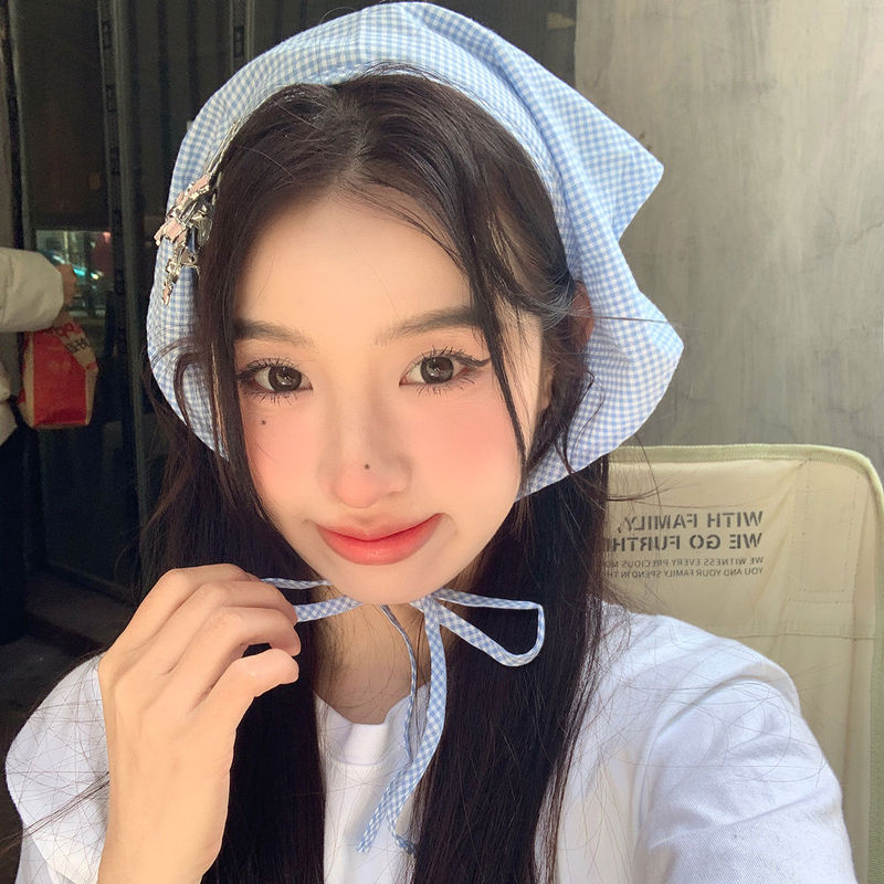Haiyan Blue Plaid Triangle Scarf Women's Scarf Summer Silk Scarf Hair Band French Baotou Retro Ins High-end Photo