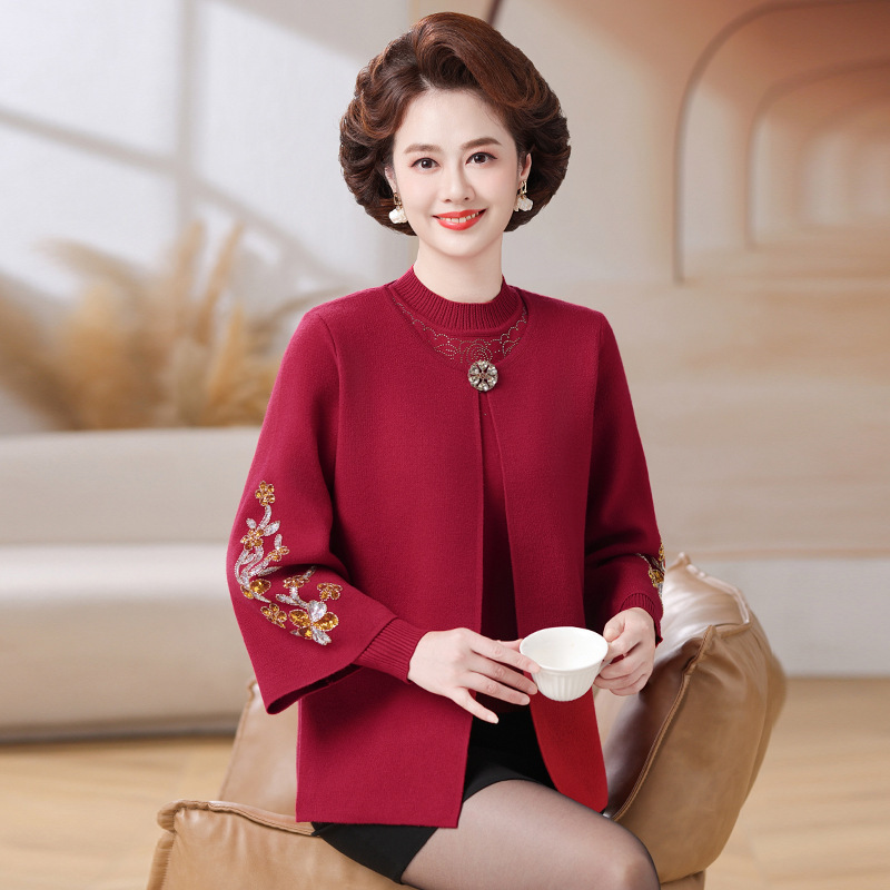 妈妈2025秋装洋气时尚针织衫两件套中老年女秋冬红色喜庆上衣套装|undefined