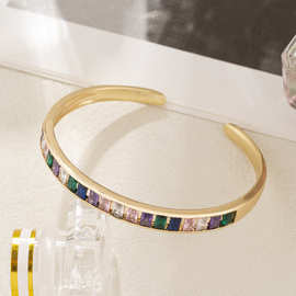 跨境轻奢铜镀金保色微镶彩色锆石手镯复古民族风简约彩锆手环手饰
