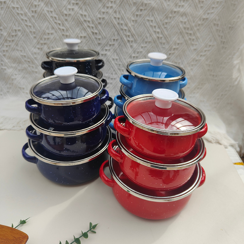 Juego de tres piezas de 12/14/16 cm esmalte pequeño olla de esmalte doméstico olla de cocina mini suplemento alimenticio para bebés con aceite