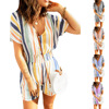 Amazon 2022 summer Occident fashion new pattern Elastic waist stripe printing V Button one-piece garment