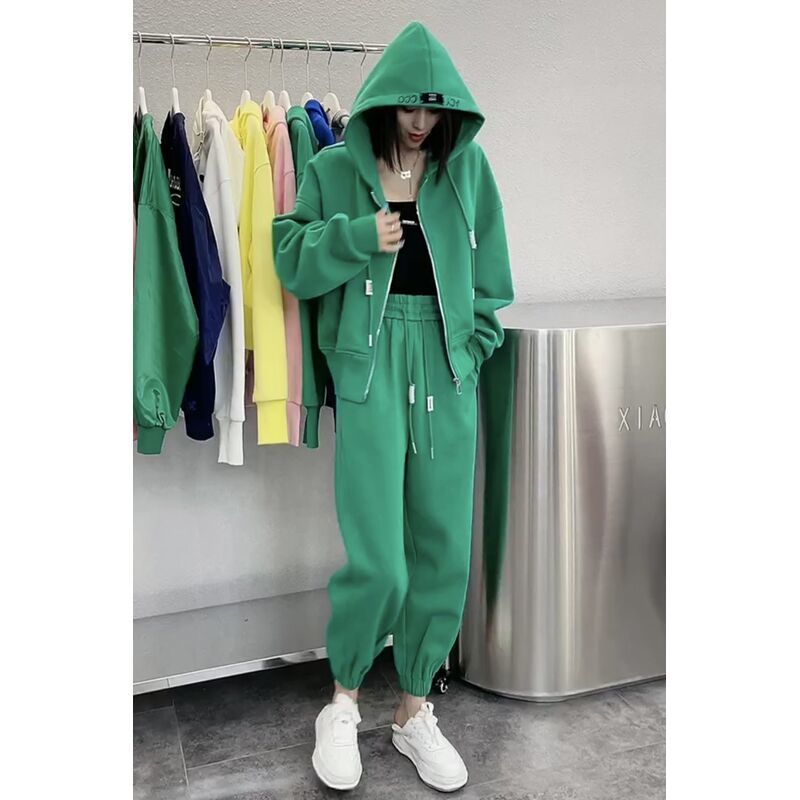胖MM特大码休闲运动套装女秋冬季宽松显瘦高腰束脚裤连帽时尚2件|undefined