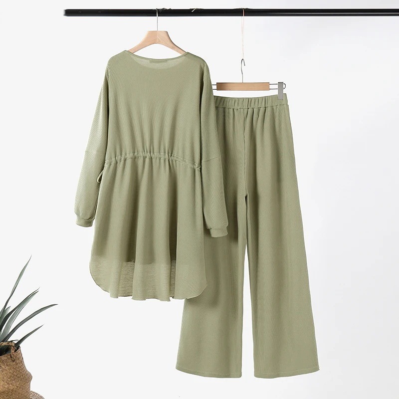 Ensemble 2 pièces pour femme : haut décontracté à cordon de serrage, couleur unie texturée, taille élastique tendance, idéal pour les vacances d'automne._voghion.com