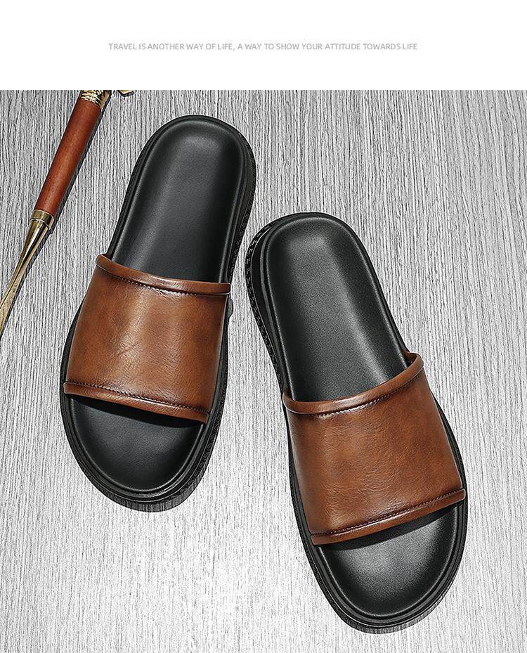 Dép sandal nam da bò thật quai ngang đế dày chống trượt, đi trong nhà và ngoài trời mùa hè — Màu nâu, màu đen chi tiết 10