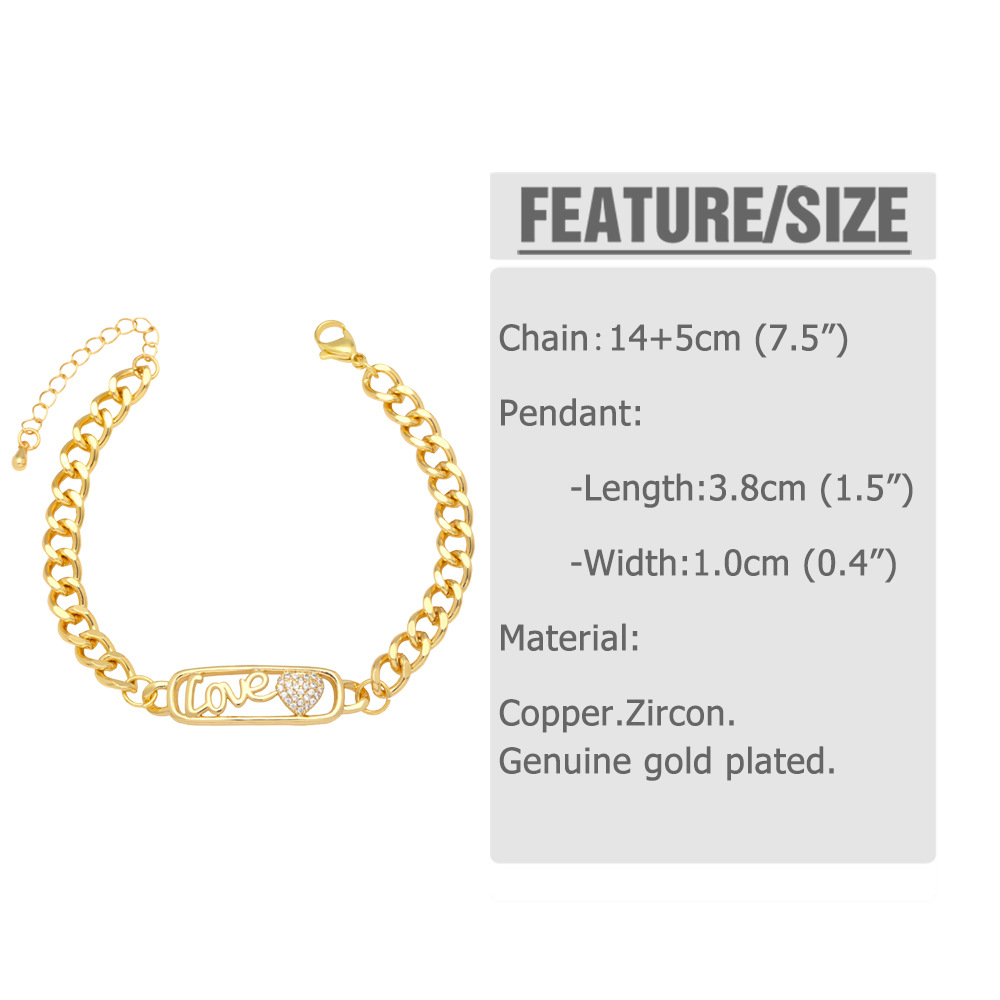 Fashion Love Heart Shape Copper Bracelets Gold Plated Zircon Copper Bracelets