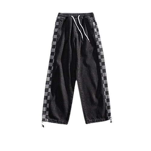 Chic Brand Hong Kong Style Instagram Retro Checkered Youth Loose Japanese Casual Straight Leg Wide Leg Denim Pants for Men and Women