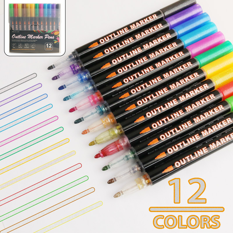 Fantasía doble línea de contorno de la pluma 8 colores 12 colores traje DIY resaltador pluma de contorno estudiante pintura pluma de marcado de dos colores