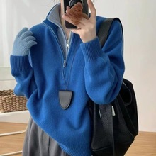 韩系慵懒风高级感假两件拉链针织上衣毛衣欧洲站2025秋季新款女装