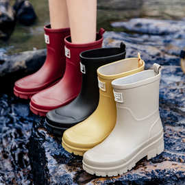 跨境时尚雨鞋女厚底耐磨防滑水鞋韩版中筒露营雨靴防水洗车鞋涉水