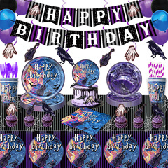 跨境星期三主题生日快乐卡通儿童派对用品装饰生日背景布餐具套装