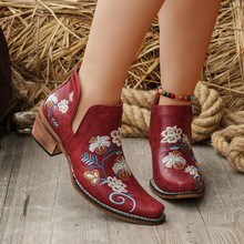 2026外贸新款现货西部刺绣方头短靴女 复古民族风粗跟V口大码女靴