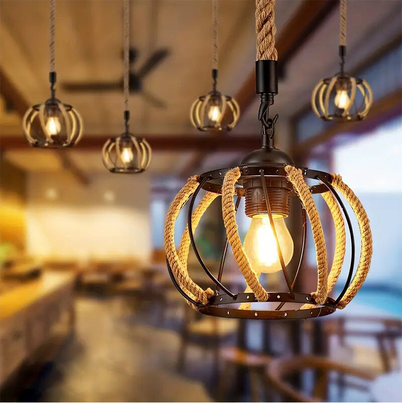 Araña de cuerda de cáñamo tejida transfronteriza, sala de estar retro americana, dormitorio, casa de familia, comedor, lámpara creativa simple