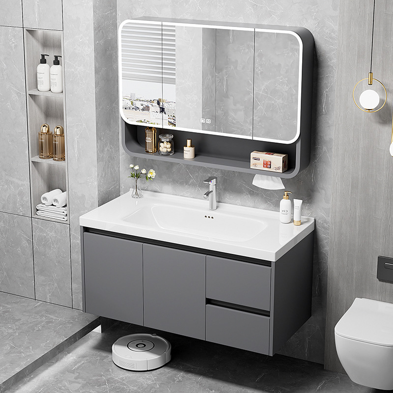 Jiumuwang Thickened Moisture-Proof Gray Simple Smart Bathroom Cabinet Mirror Cabinet Combination Ceramic Basin Wash Basin Hygiene
