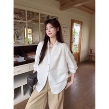 韩系设计感V领中袖白色衬衫女装夏季2025新款宽松显瘦收腰上衣潮