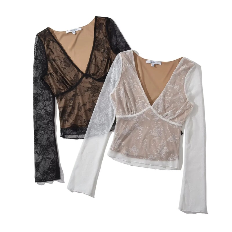 Pure Desire Hot Girl Sexy Low-cut V-neck Slim-fit Lace Shirt Top Autumn New Long Sleeve Base Shirt T-shirt