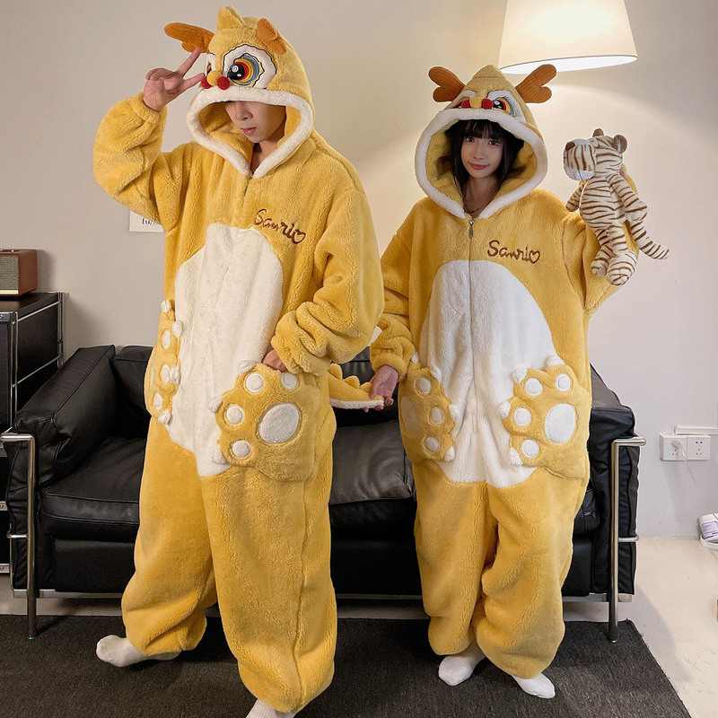 ワンピースのカップルのパジャマの女性の珊瑚の絨毯は厚いです。秋冬の男性のファスナーのフランネルの家の服は一体になります。|undefined