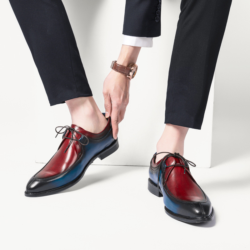 皮鞋男2021新款韩式商务休闲皮鞋男牛皮正装蓝红德比男鞋结婚鞋男|ru