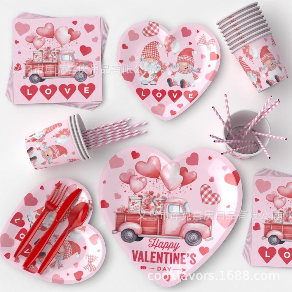 Día de San Valentín en forma de corazón cubiertos de fiesta fiesta fiesta bandeja de papel desechable taza de papel toalla de papel set