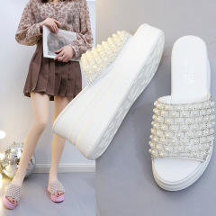 2024夏新款歐美風外穿松糕厚底高跟拖鞋女亮片珍珠一字坡跟涼拖鞋