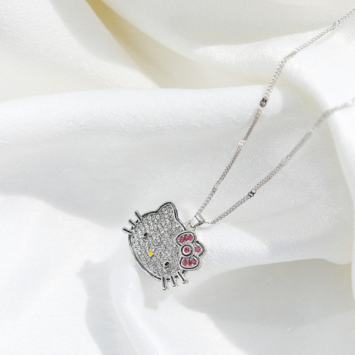 European and American style Hello kitty full diamond bow cute fashion geometric kitten crystal pendant clavicle chain for women
