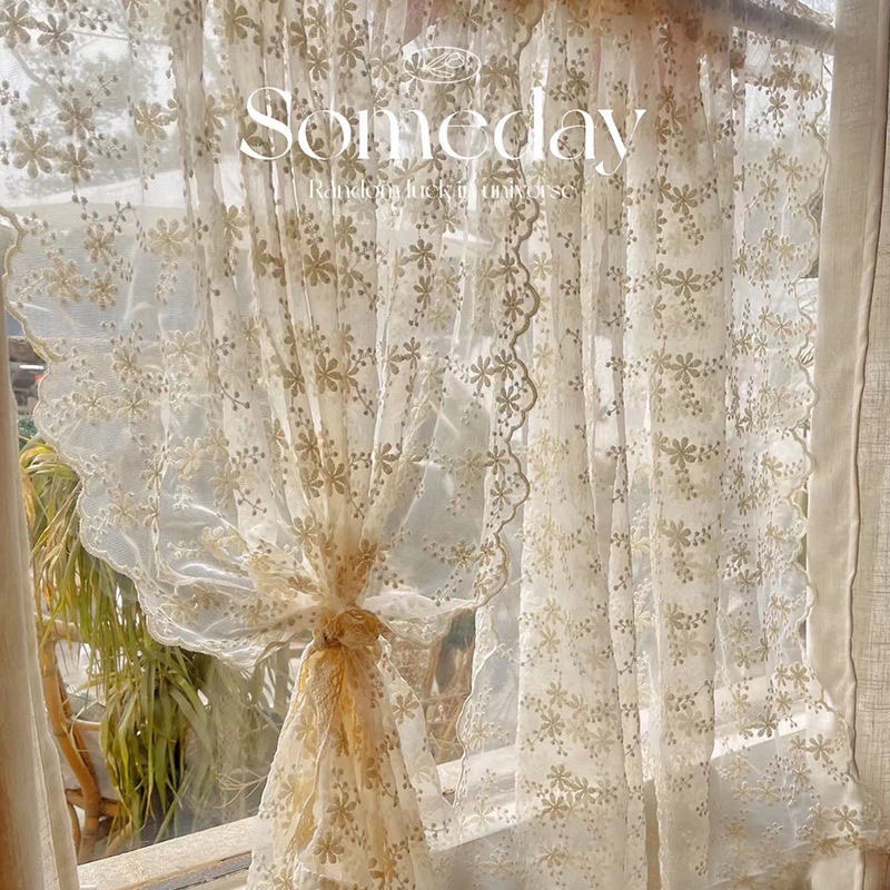 French-Style Pastoral Cream Embroidery Kitchen Bay Window No-Punch Lace Sheer Curtain Half Curtain with Magic Tape Balcony Door Curtain