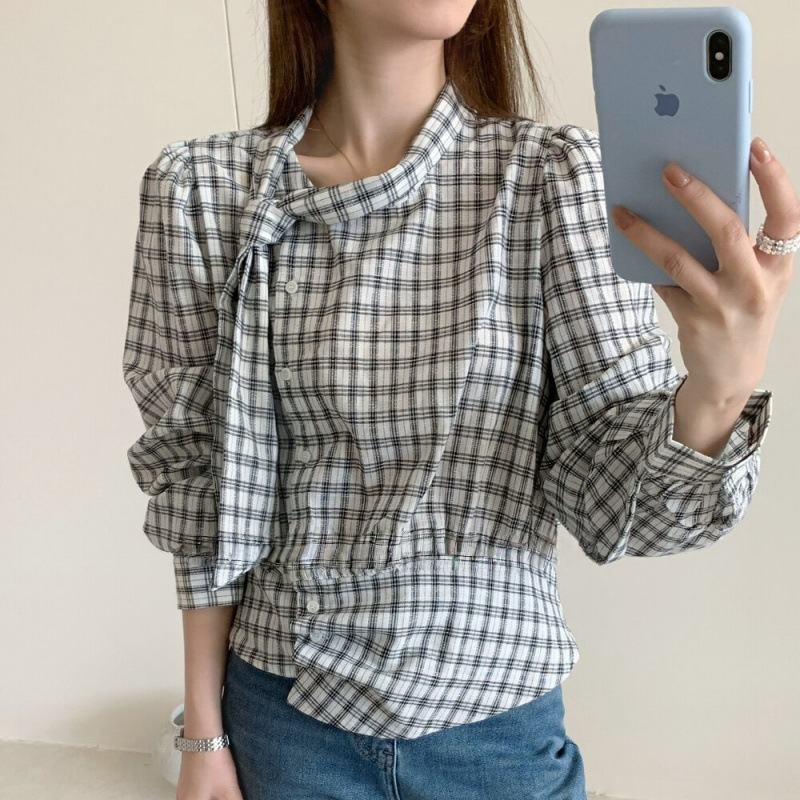 Korean Chic Fashion Retro Classic Plaid Top 2026 Spring and Autumn New Hong Kong Style Long-Sleeve Shirt with Bow Tie for Women