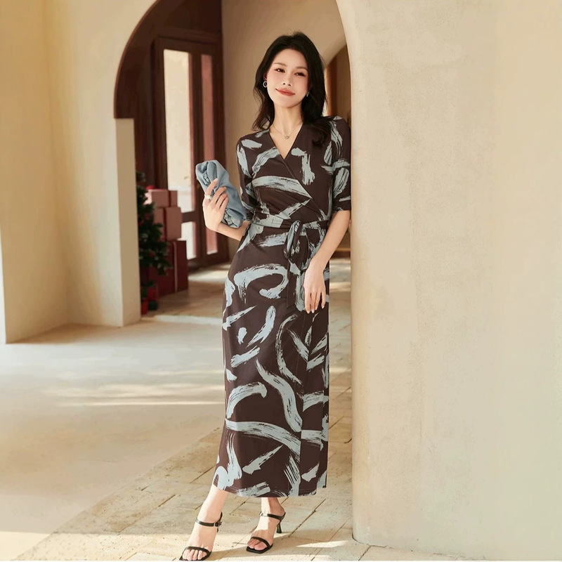 High-Quality Store-Bought Same-Style 26 Summer Ink-Wash Striped French V-Neck Tie-Waist One-Piece Dress Wrap Dress