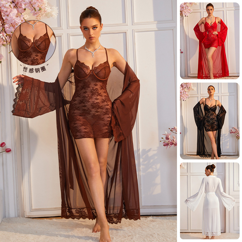Large Size Sexy Lace Pajama Set Without Breast Pads, Mesh Nightgown and Robe, Women's Home Erotic Lingerie 1228 Large Size Sexy Lace Pajama Set Without Breast Pads, Mesh Nightgown and Robe, Women's Home Erotic Lingerie 1228