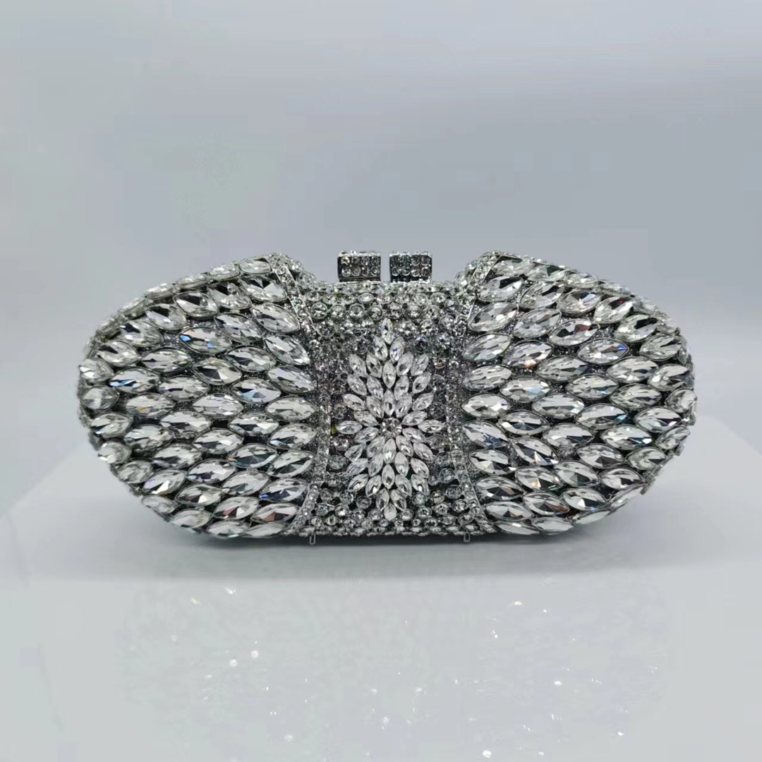 Túi clutch nữ đính đá dạ hội hộp cứng kim loại rỗng — Xanh ngọc lục bảo, Vàng pha lê, Hoa violet, Màu bạc