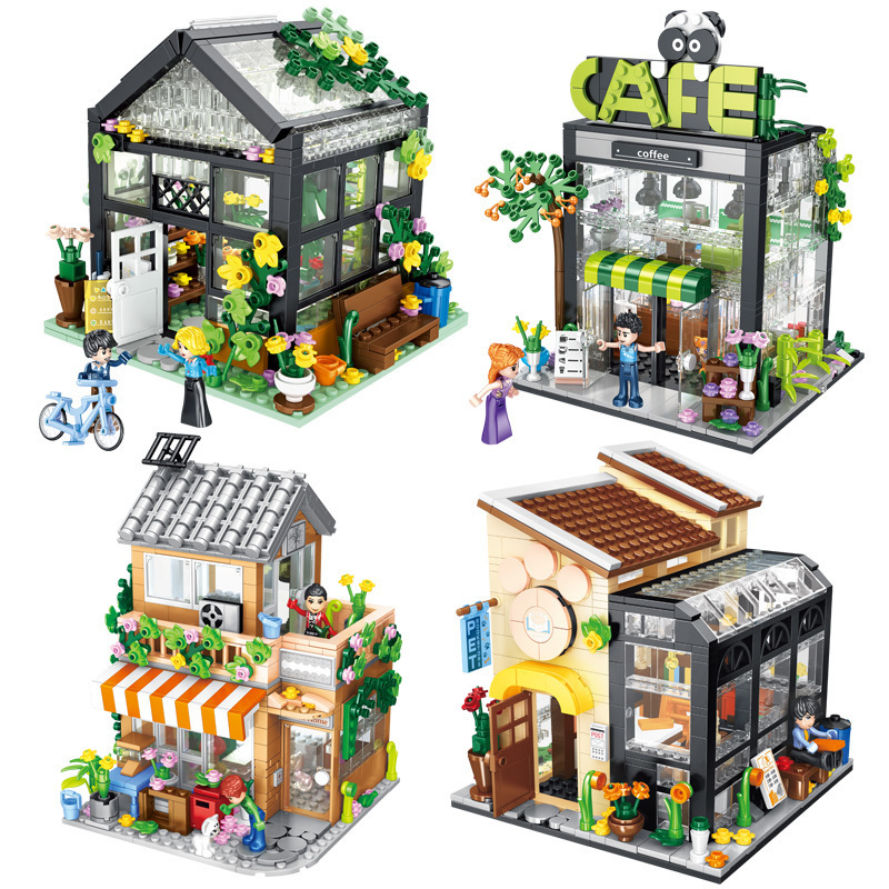 Street View pequeñas partículas ensambladas bloques de construcción de juguete al por mayor Bloques de construcción cuadrados de FC8501-06 naranja floristería iluminación Casa de ensueño