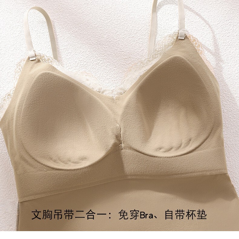 6099秋冬款法式蕾丝V领磨毛吊带背心女带胸垫内搭外穿美背内衣女|undefined