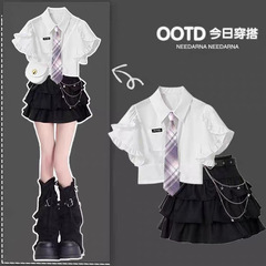 2025夏甘くてクールな女の子JKウェア韓国カレッジ風半袖シャツ+ハンサムケーキスカート2点セット