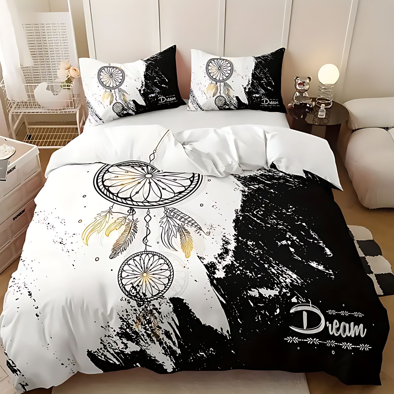 TEMU / JIT Moda clásica plumas de mármol HD impresión digital colcha de colcha de cama set