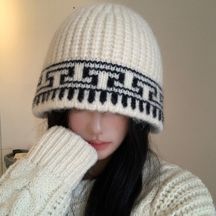 Retro Jacquard de punto sombrero pescador mujer otoño invierno 2026 amplio alrededor de la cabeza muestra la cara pequeña sombrero de lana cálida image 5