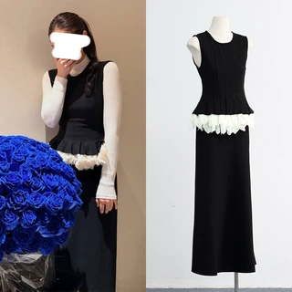 [现货]jennie金智妮款赫本风撞色荷叶边拼接修身两件套连衣裙套装