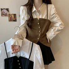 大码女装洋气领拼接假两件上衣女春新款韩版时尚遮肉显瘦衬衫