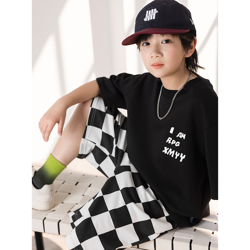 Panda Round Cotton Boys Summer suit 2025 New Pull Paddle Short Sleeve Plaid Shorts Sports Two-piece Set