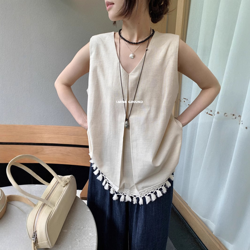 Clearance, No Returns or Exchanges. New Summer Design with V-Neck, Lace Trim, Tassel Design, Loose Fit, Slimming Tank Top