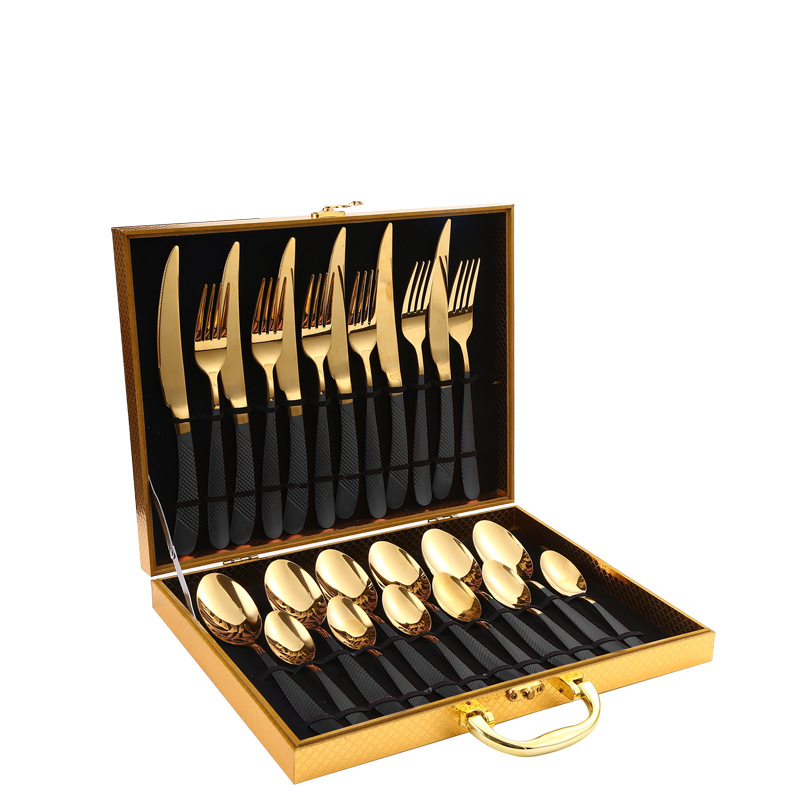 Amazon TikTok vajilla de acero inoxidable 24 piezas traje estrella diamante cuatro piezas principales cuchillo de comida occidental, tenedor y cuchara caja de regalo de oro