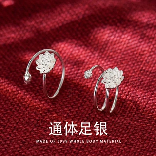 S999足银戒指女款韩版民族风莲花中指食指环时尚双环开口手工银饰