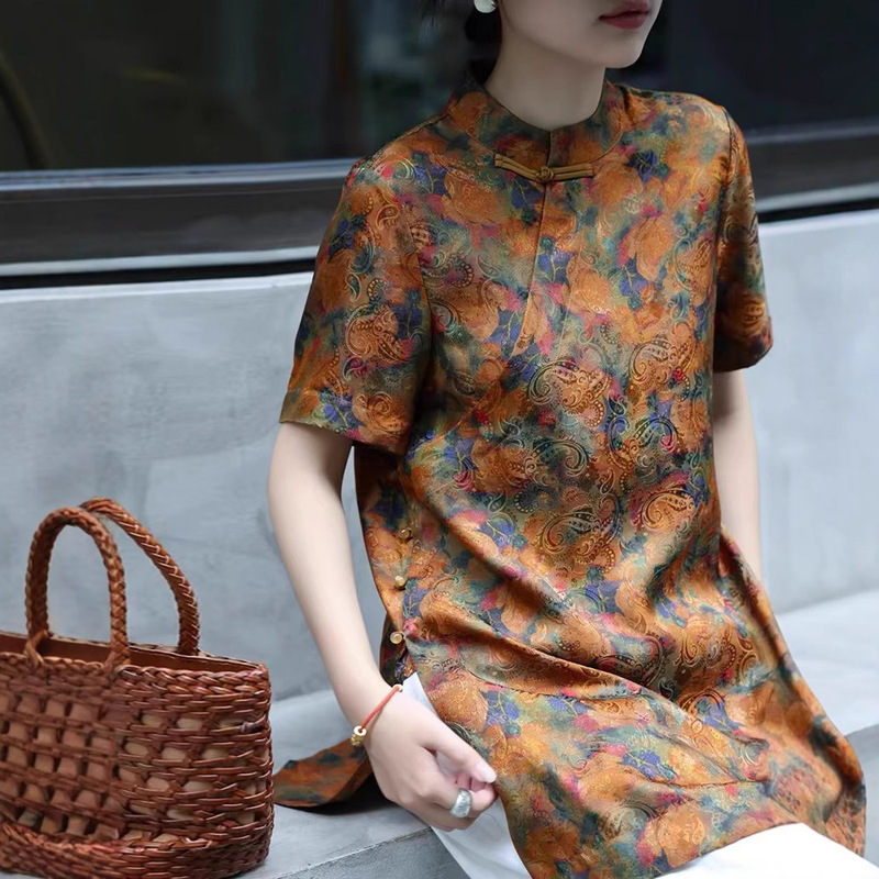 新しい中国風のレトロなオレンジジャカード半袖シャツ女性の夏のミッドレングス裾スリット唐スーツトップ|undefined