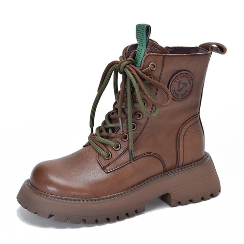 First layer cowhide British style motorcycle boots round toe thick sole versatile single boots for women autumn and winter high top Martin boots for women