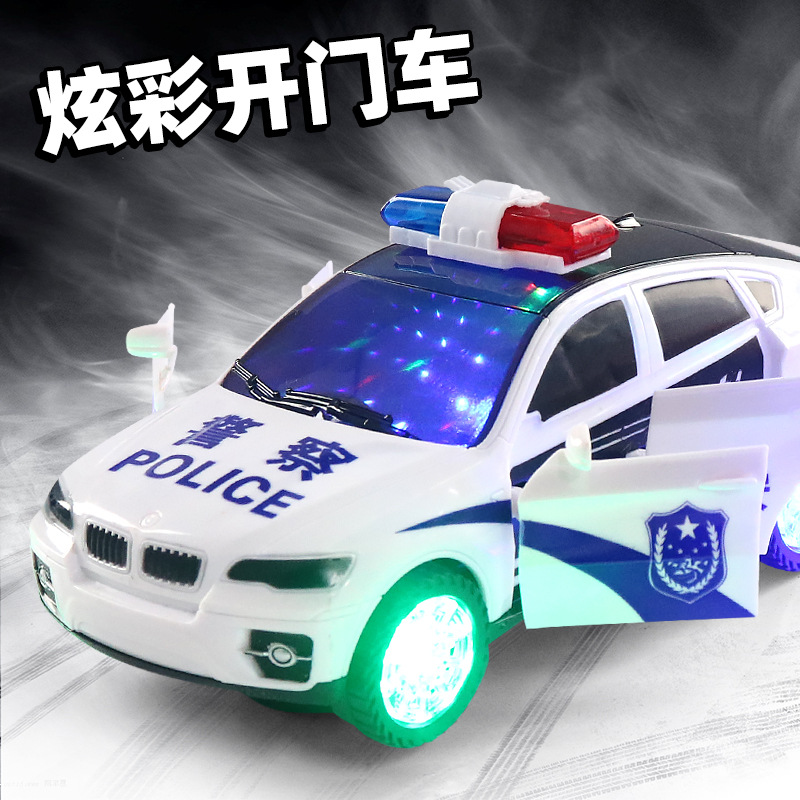 新款电动警察车自动开门炫彩灯光万向行驶音乐小汽车玩具批发地摊