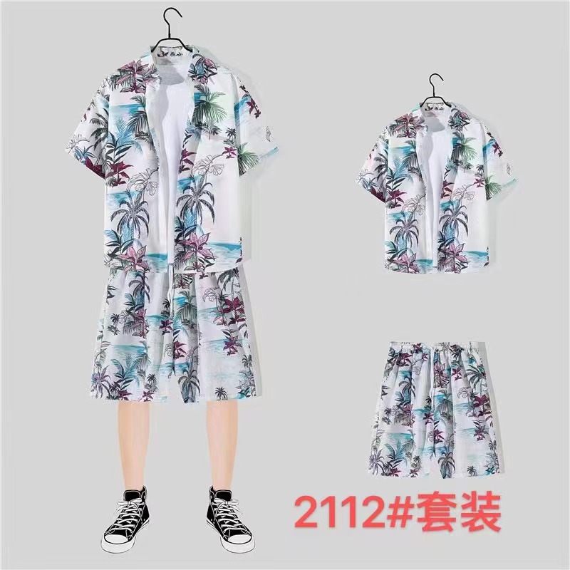 Fashioned Hawaiian Flower Shirt Men's Summer Casual Sports suit Short-sleeved Shorts Two Pieces Set for Boys