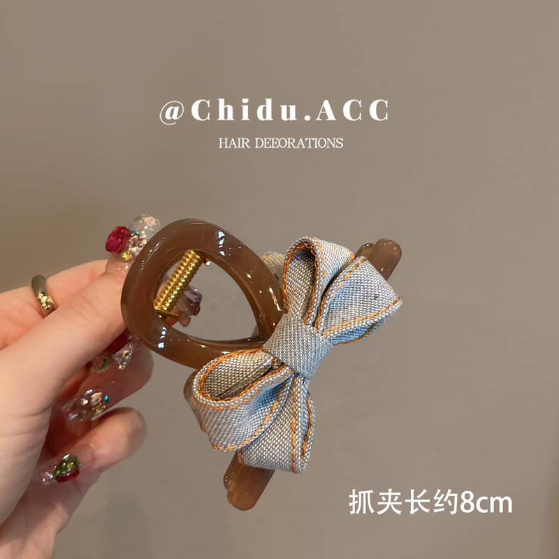 韓国イン新しいデニム生地リボン透明ヘアピンファッション後頭部グリップシャーククリップヘアアクセサリー女性のための|undefined