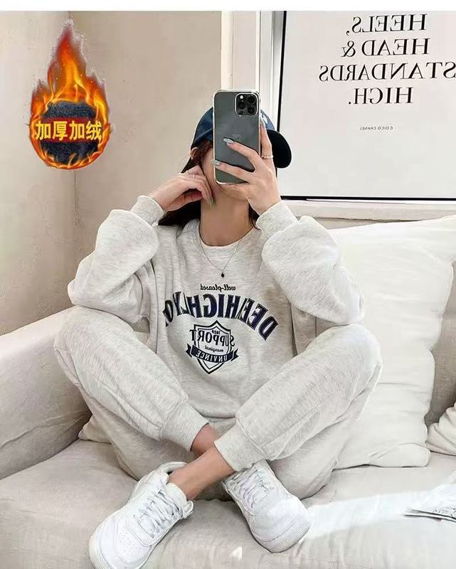 2023秋冬加厚韩国运动休闲套装女时尚洋气显瘦卫衣阔腿裤两件套|undefined