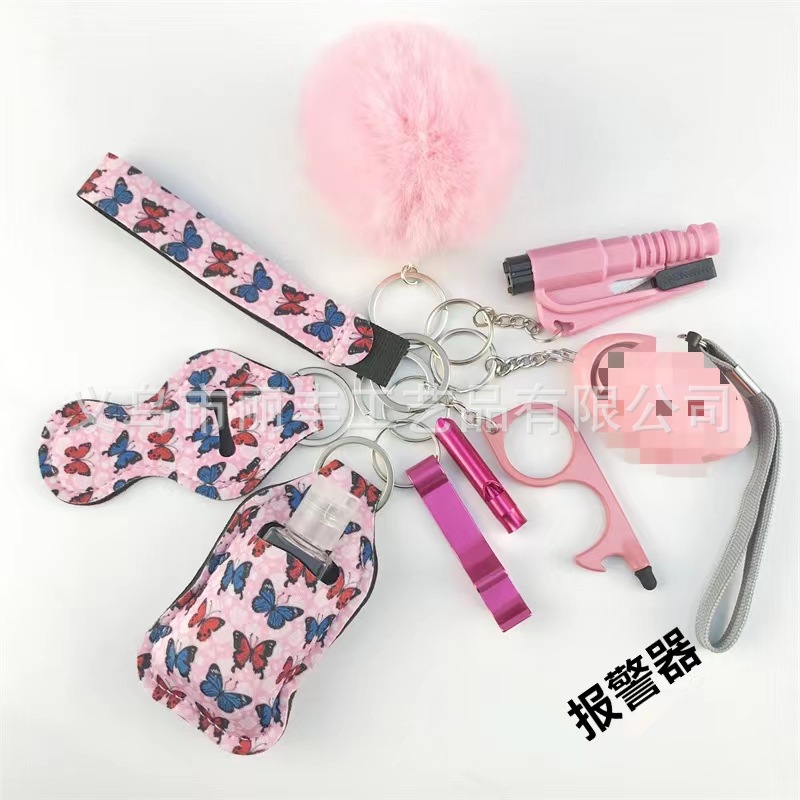 Llavero de muñeca de espejo cruzado Juego de 10 piezas Bolsa de desinfectante de manos para mujer Llavero de alarma de aluminio