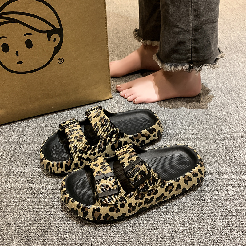 Cross-Border Leopard Print Flip-Flops Beach Slippers Women's Summer Outdoor Slippers Wholesale Thick-Soled New Style Flat Sandals