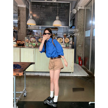 可可里克莱因蓝衬衫套装宽松中长款上衣卷边牛仔短裤女夏季时尚潮