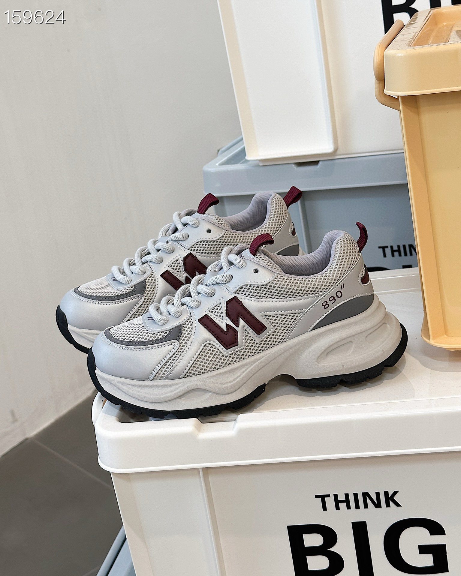 Giày sneaker chunky đế dày nữ lưới phối màu chữ N mùa xuân 2025 — Xám/màu đỏ, Màu be/nâu chi tiết 8